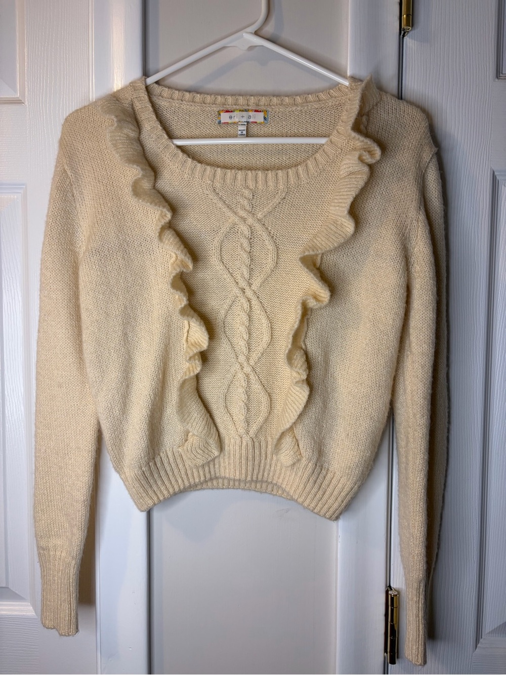 Eri + Ali XS Anthropologie Callie Ruffle Ivory Cream Wool Blend Sweater - XS